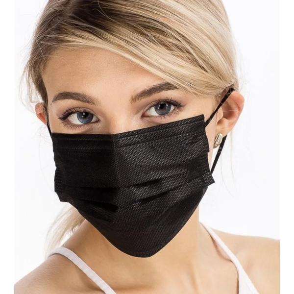 Disposable Adult Black Face Masks – 3‑Ply, Elastic Ear‑Loop, Pack of 50