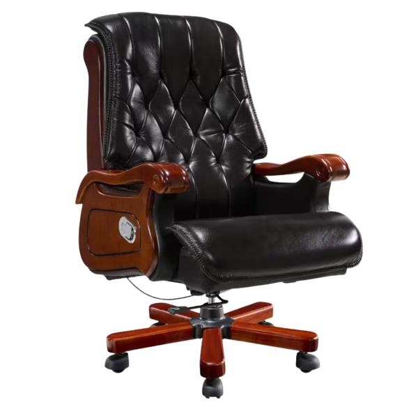Leroy Genuine Leather Executive Office Chair with Wooden Finish Arms, Heavy-Duty Nylon Base & Adjustable Tilt - Black