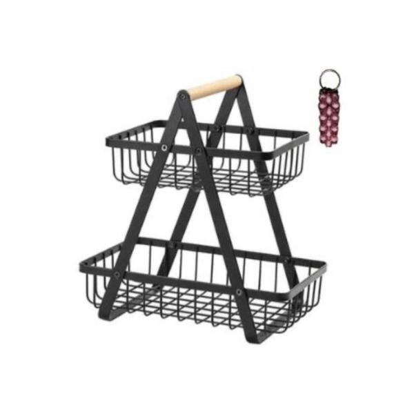 2-Tier Black Metal Fruit Basket with Keyholder – Countertop Storage Organizer