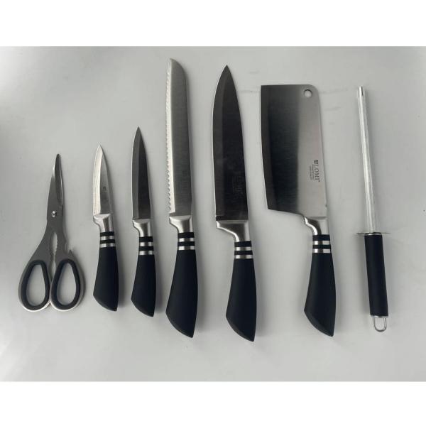 Kitchen Knife Set with Block – 8‑Piece Black Stainless Steel Chef’s Knives, Utility, Bread & Paring in Modern Block