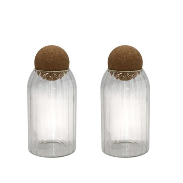 Ribbed Glass Storage Jar with Round Cork Lid – 500 ml (Set of 2)