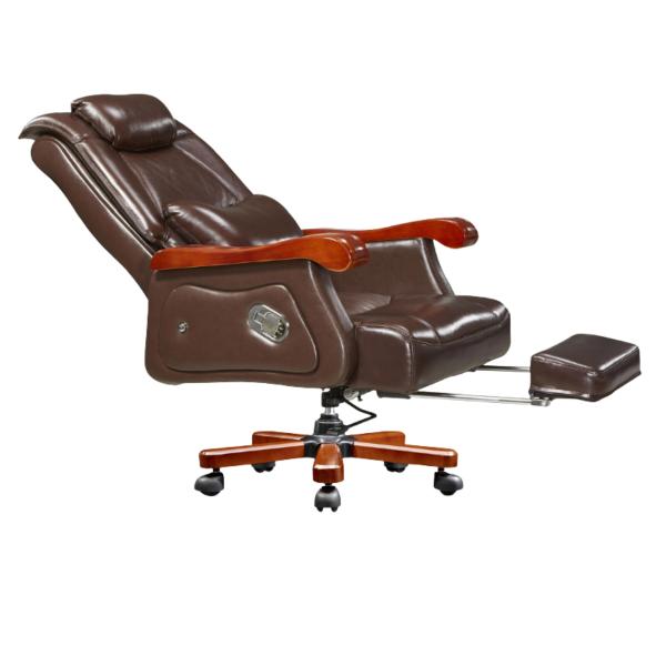 Nicholas Genuine Leather Executive Reclining Office Chair with Retractable Footrest, Wooden Armrests & Premium Wood Base - Brown