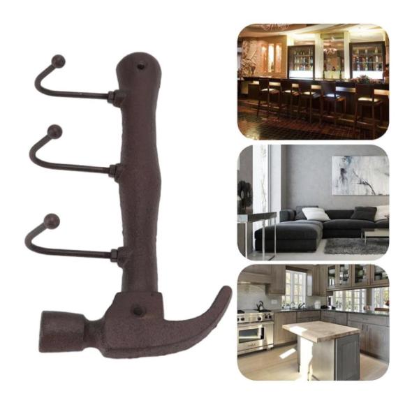 Vintage Hammer-Shaped Iron Wall Hook - Rustic 3-Hook Hanger