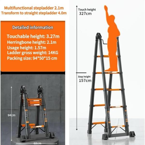 4.0m Multifunctional Telescopic Ladder 2.1m Herringbone A-Frame Step Ladder Heavy Duty Thickened Steel Folding One-Touch Unlocking Black & Orange