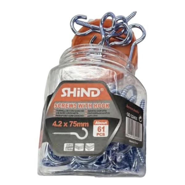Shind 4.2 × 75 mm Silver Screw‑Hook Kit, 61 pcs – Durable Multi‑Purpose Hooks for Home & DIY Projects