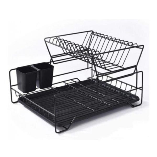 Black Iron Double Layer Dish Rack – Space-Saving Kitchen Organizer with Utensil Holder & Drainage System