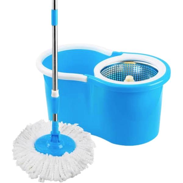 Easy Mop 360° Spin Mop & Bucket Cleaning System with Steel Wringer Basket, Ergonomic Handle & 2 Microfiber Mop Heads - Blue & White
